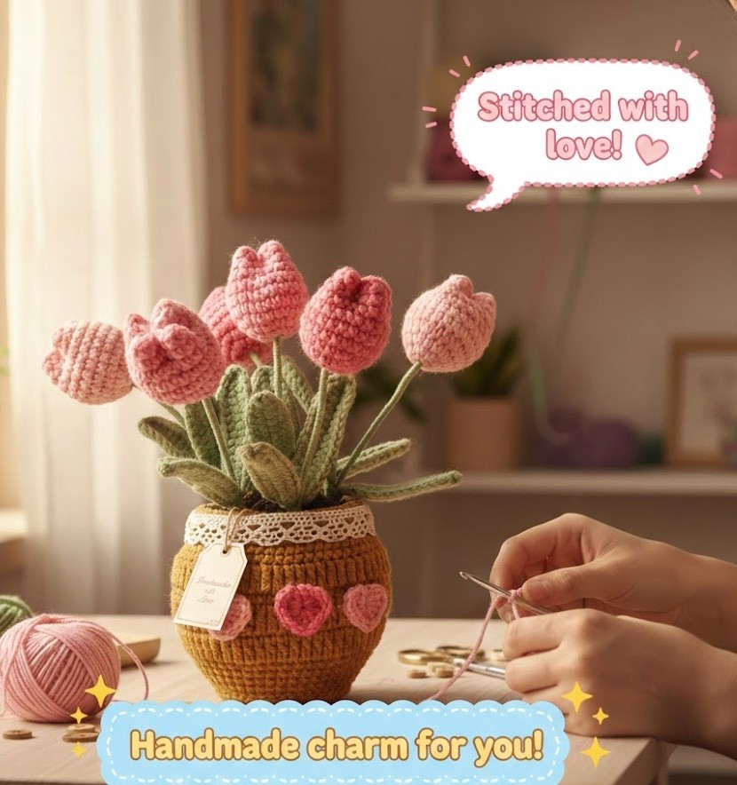 Handmade Crochet Tulip Pot Valentine’s Day Gift for Girlfriend,Friends, Teacher