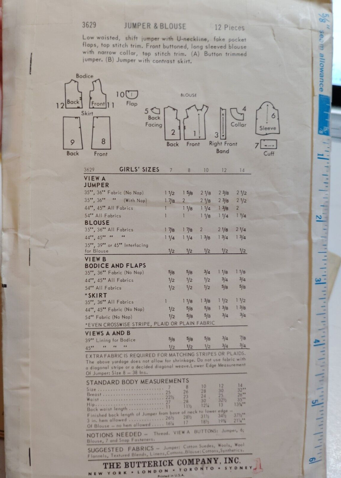 Jumper Dress Blouse Top Girls 10 Butterick 3629 Sewing Pattern Cut VTG 70’s Mini