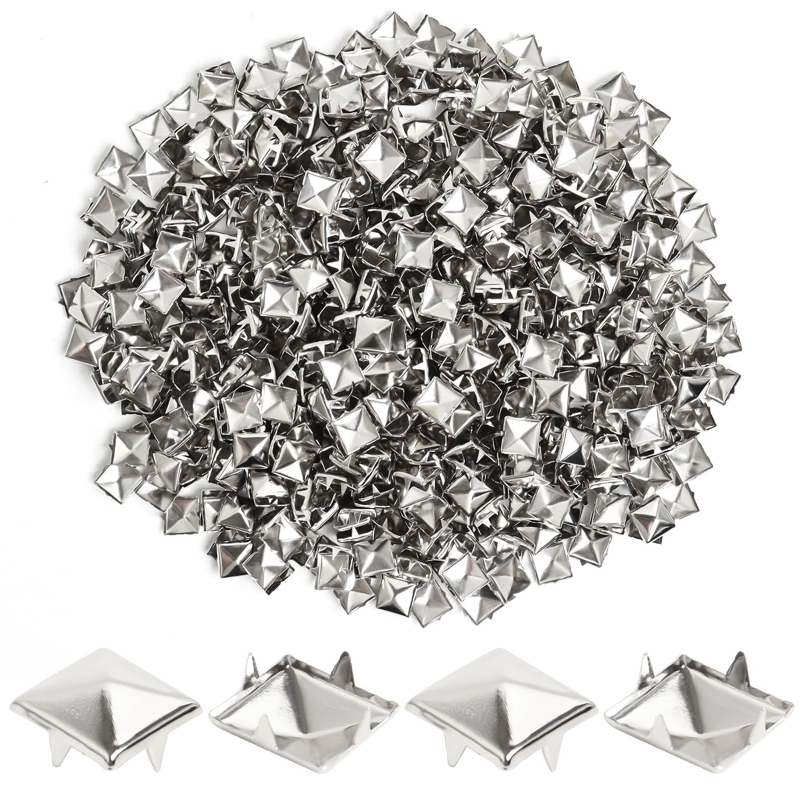 SBYURE 600 Pcs 10mm Silver Studs for Clothing Four-jaw Square Punk Spikes Pyrami