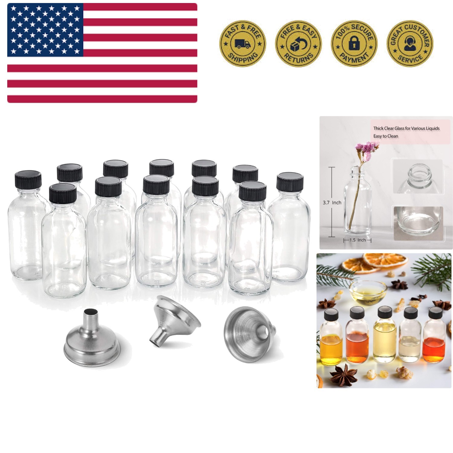 12 Pack, 2 oz Small Clear Glass Bottles w/Lid & 3 Funnels – 60ml Boston Shot …