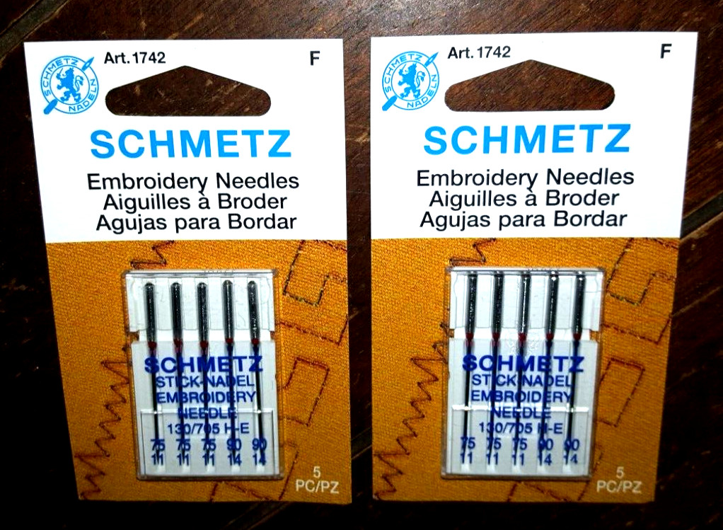 Lot of 2 Schmetz 5pc EMBROIDERY Sewing Needles (130/705 H-E) – Model #1742