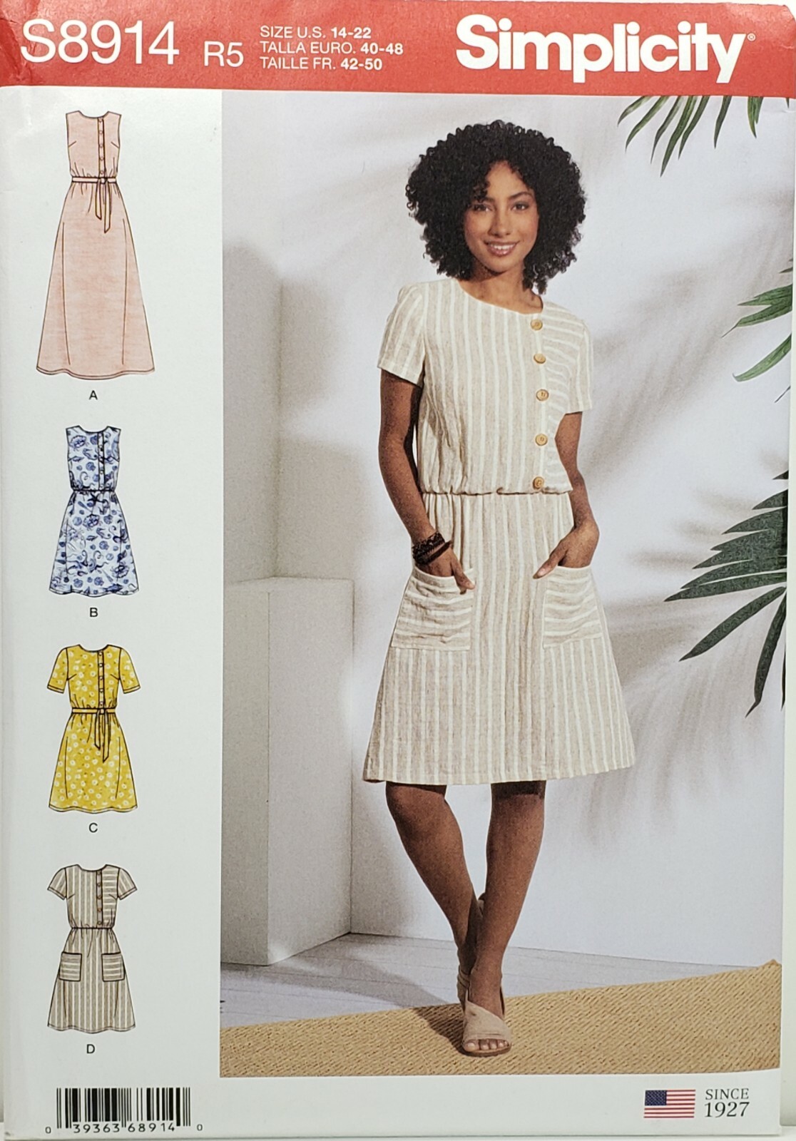 Simplicity S8914 Blouson Dress w Asymmetrical Button Bodice Sz 14-22 UNCUT