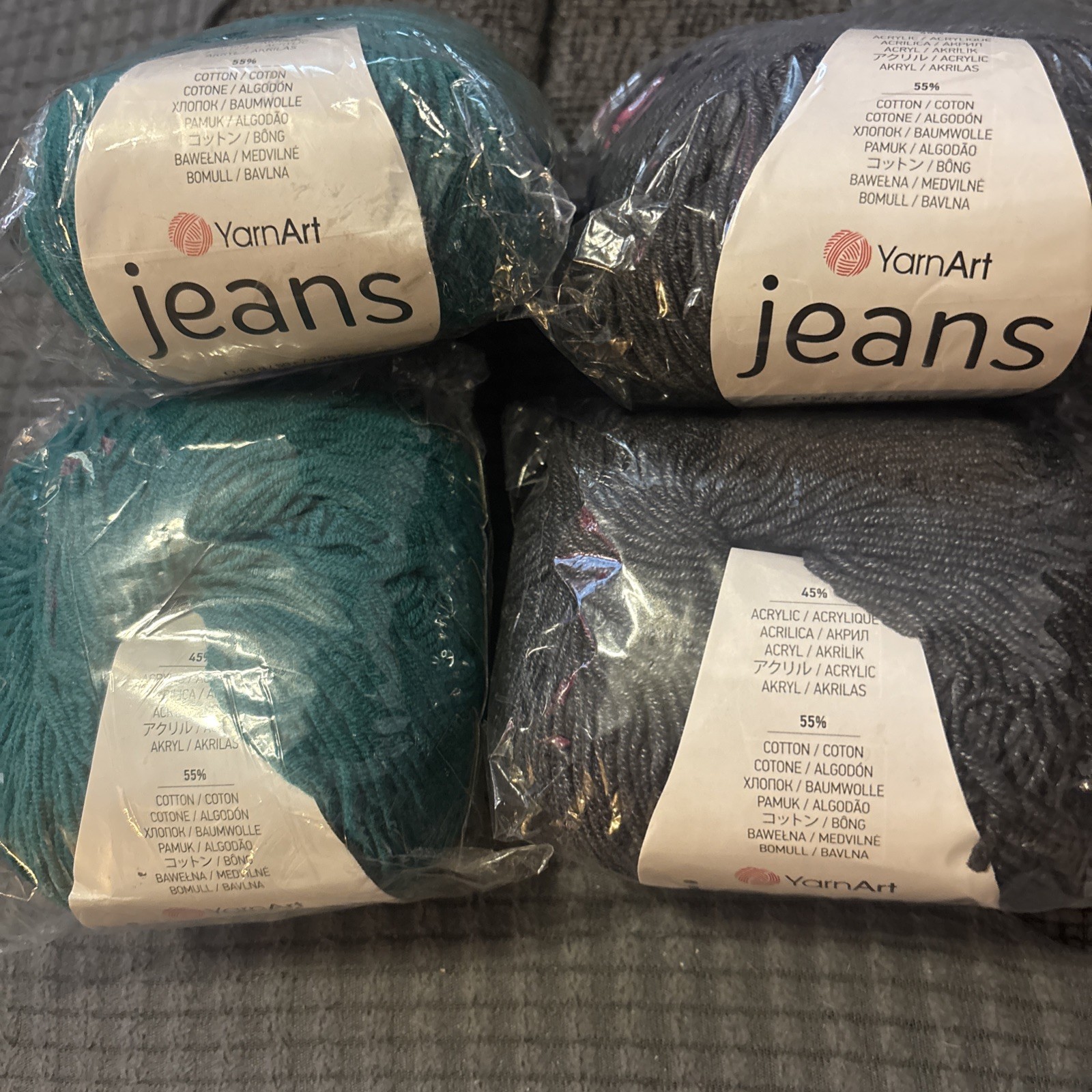 YarnArt Jeans 2 Green/ 2 Black Yarn (Lot of 4) 55% Cotton/45rylic 1.67oz 174y