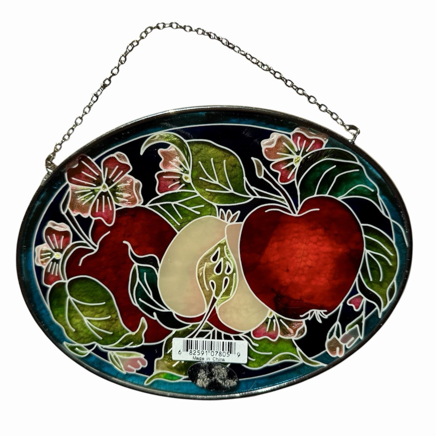 AMIA Stained Glass Suncatcher Apple Blossom Floral Fruit Hand Painted 7”x5.25”
