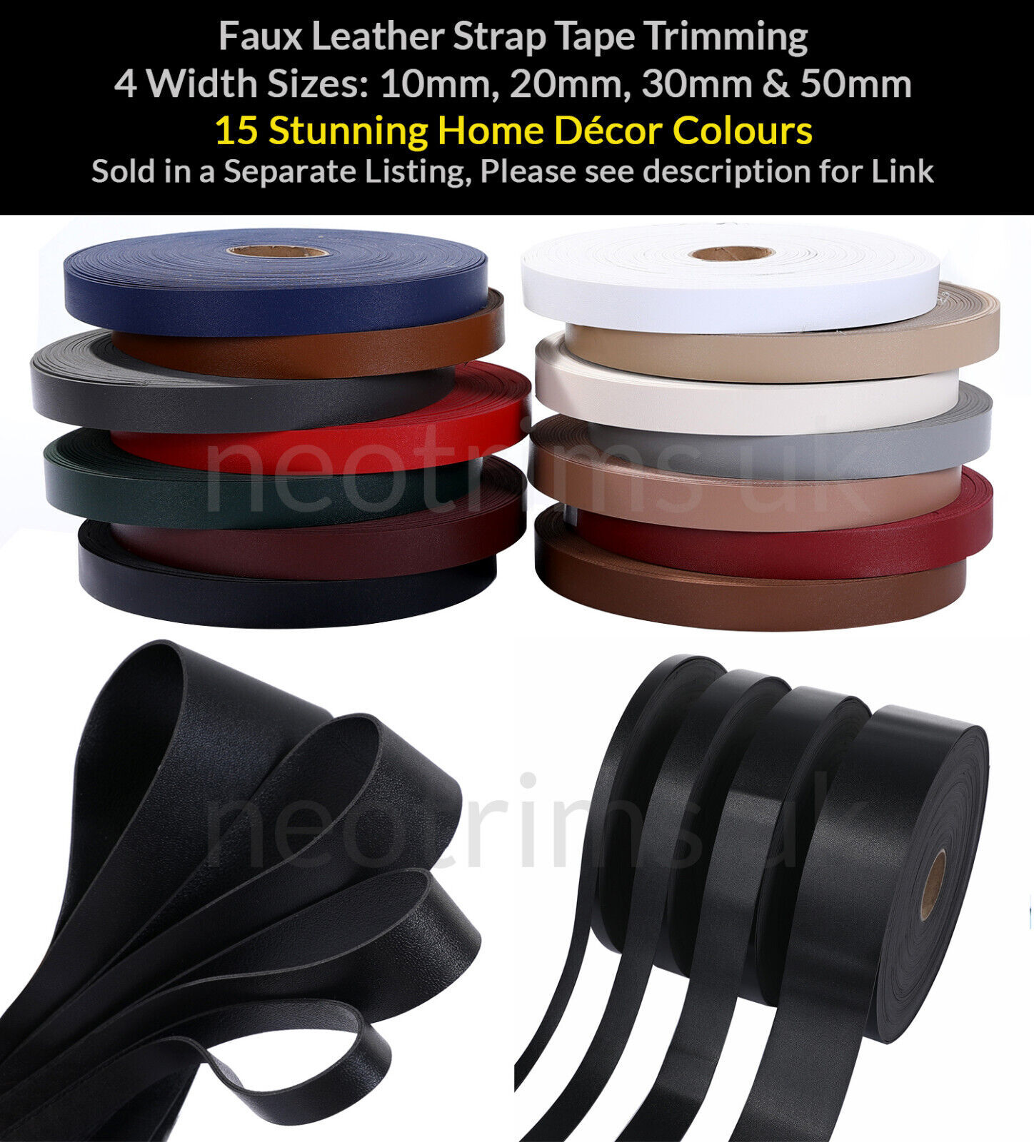 Faux Leather Strap Black Binding Ribbon Trim Double Sided Thick Trimming Tape