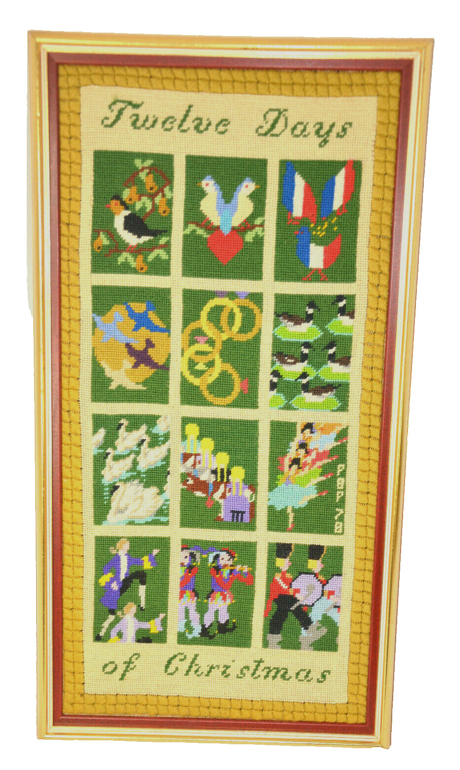 12 Days of Christmas Needlepoint Embroidery Art Frame LARGE 27×14 Vtg Crewelwork