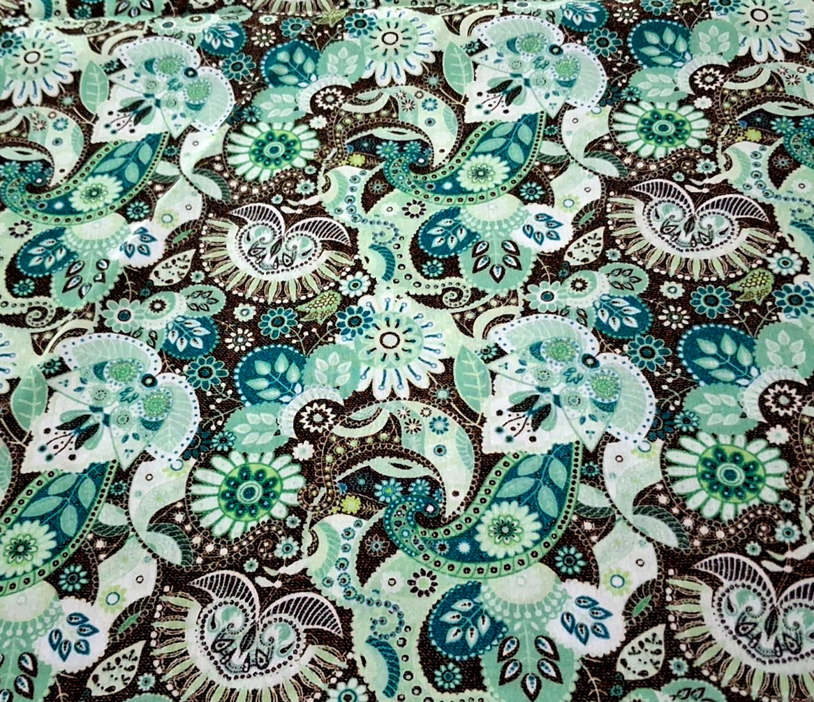 3 ydx 56″w Polyester Light Crinkle Fabric Green Brown Floral Paisley NO STRETCH
