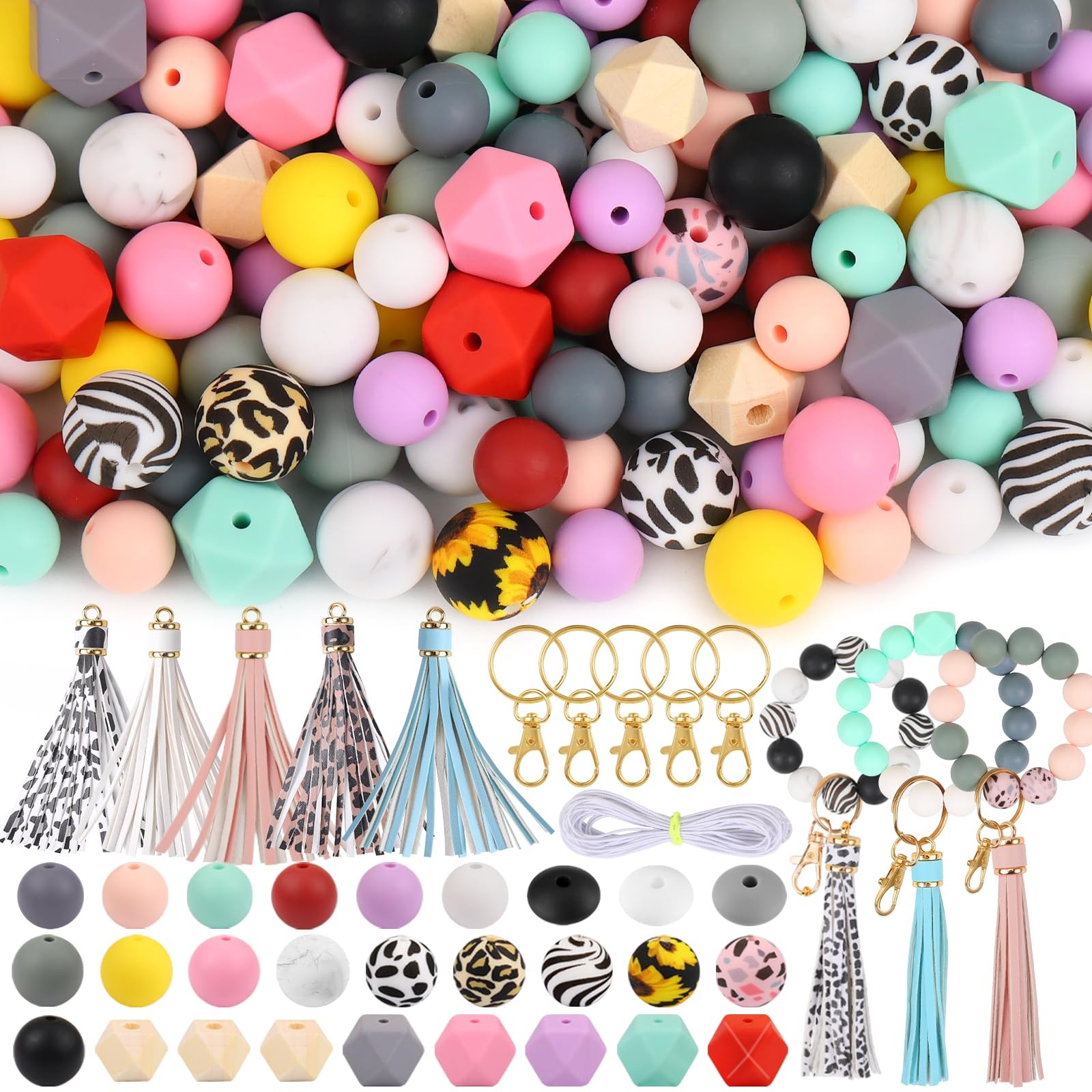 141pcs Silicone Beads for Keychain Making Kit 15mm 12mm Round 14mm Polygonal …