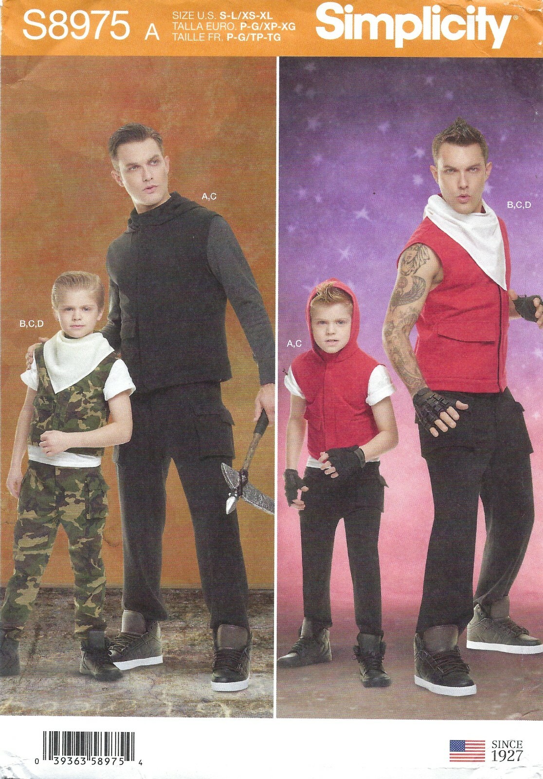 Simplicity S8975 Men & Boys’ COSTUME Vests, Pants & Scarf Sz S-L, XS-XL UNCUT