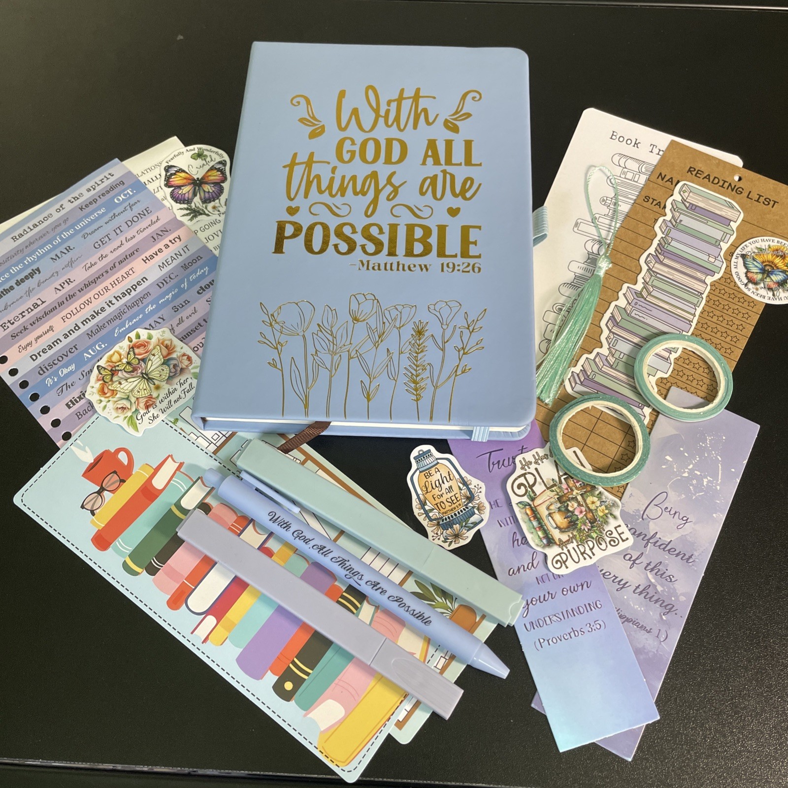 21 PC Scripture Journal Bundle Set 8×5″ Leather Lined Bookmarks Pens Stickers 76