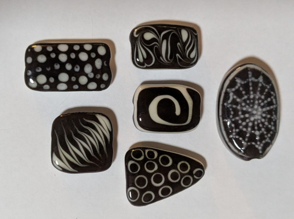 Lot of 6 Handmade Reversible Black & White Beads, w/Designs & Focal Spider Bead