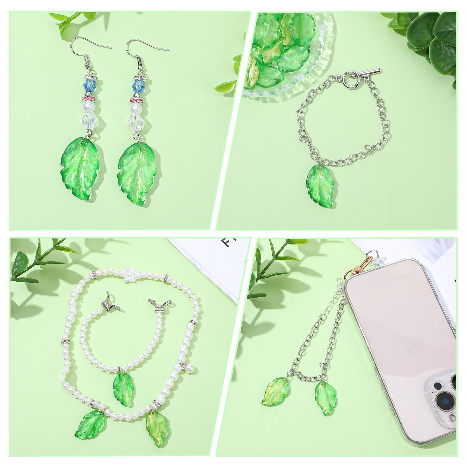 50Pcs Green Crystal Glass Leaf Beads, Leaf Shape Spacer Charms Translucent Czech