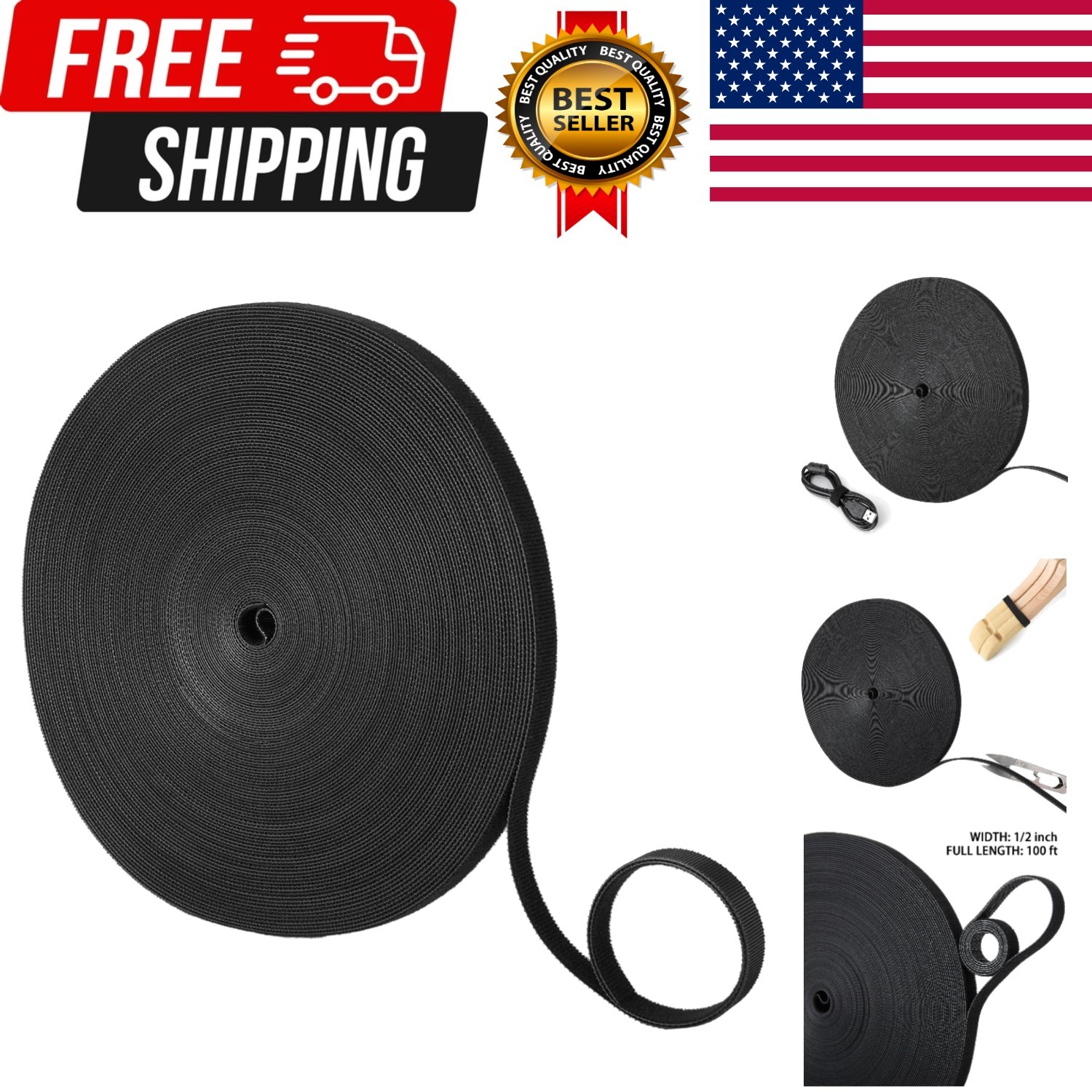 1/2in X 100ft Hook and Loop Roll | Double-sided Strips Self-gripping Straps