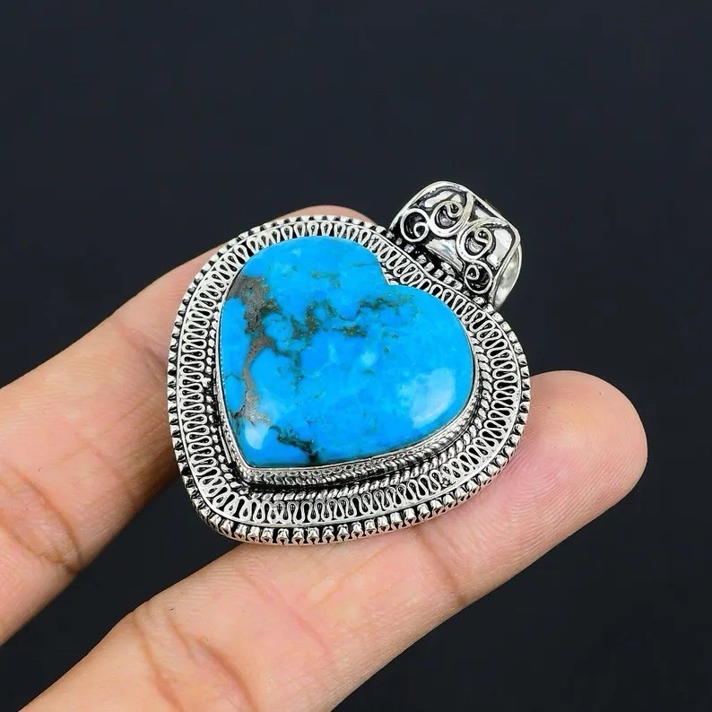 Turquoise Gemstone Heart Pendant 925 Sterling Silver Handmade Jewelry For Gift