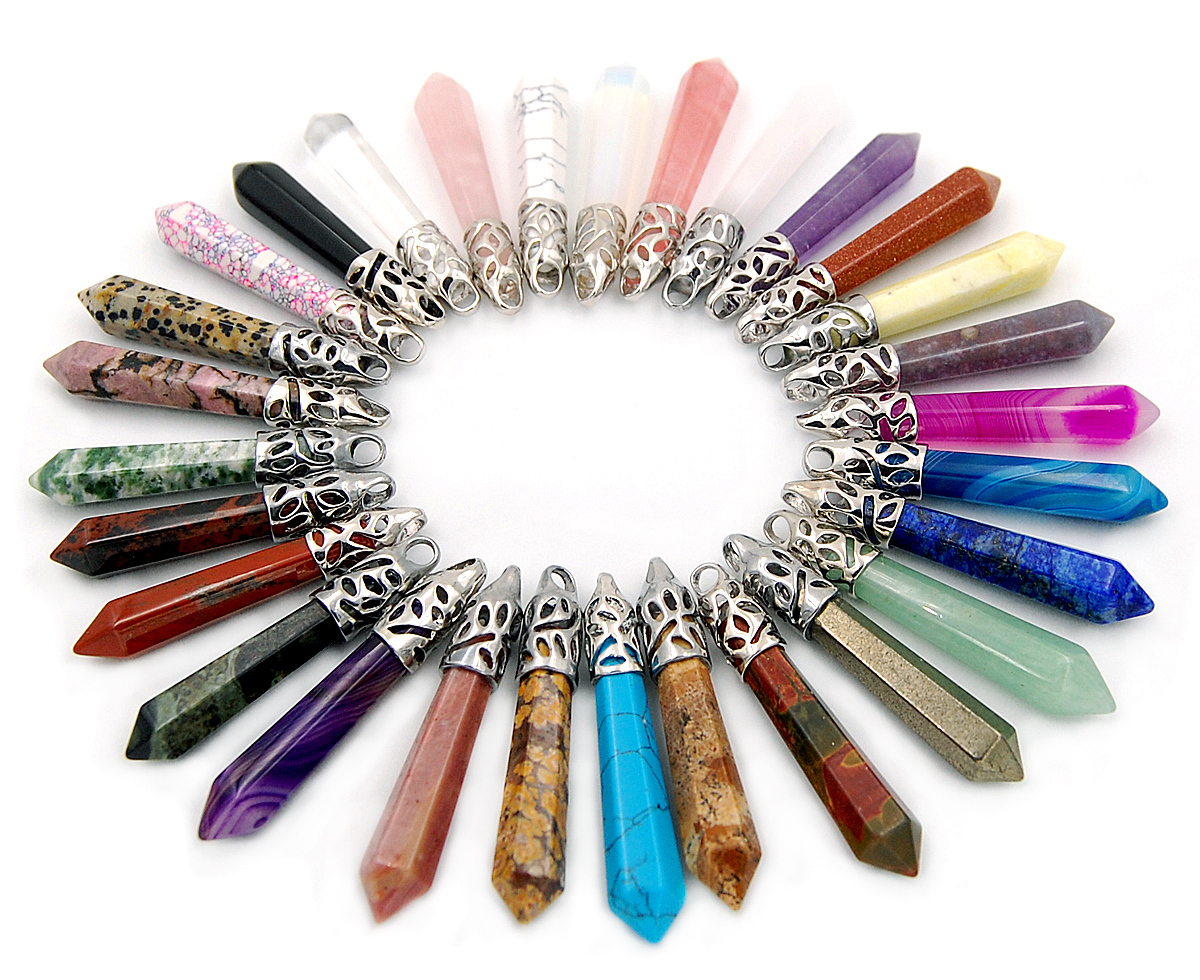 Natural Gemstones Long Hexagonal Pointed Reiki Chakra Pendant Beads Healing