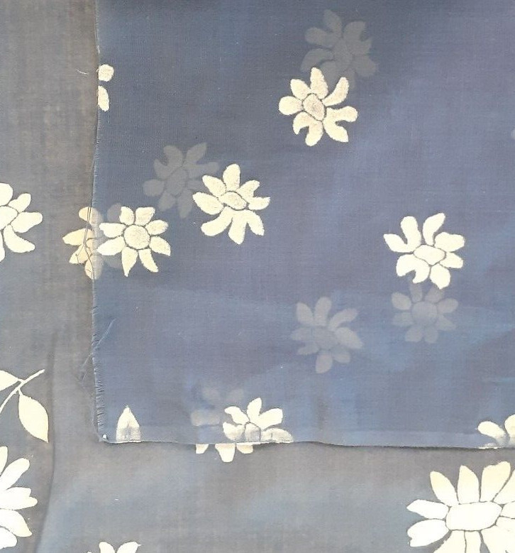 1950s Vtg. Swiss Flocked Fabric BTY *White Flowers On Dk. Blue Semi Sheer *Rare
