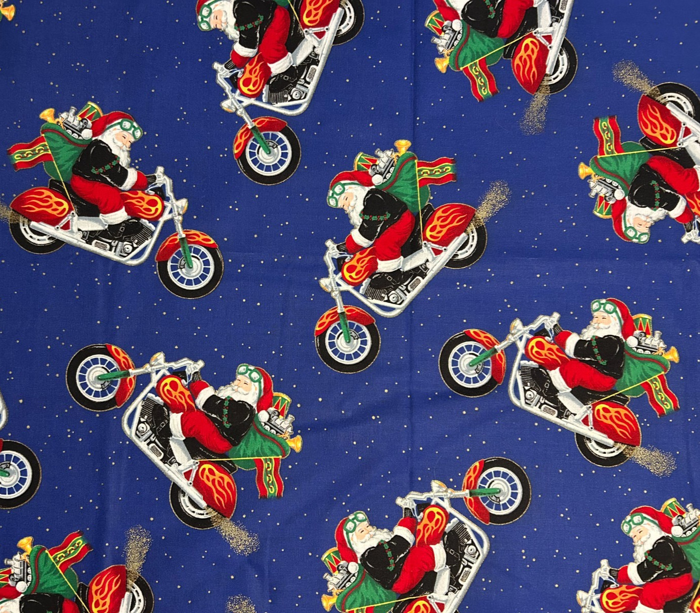 RARE Vintage Cranston VIP Biker Santa Metallic Stardust Blue Fabric 1.75 Yards