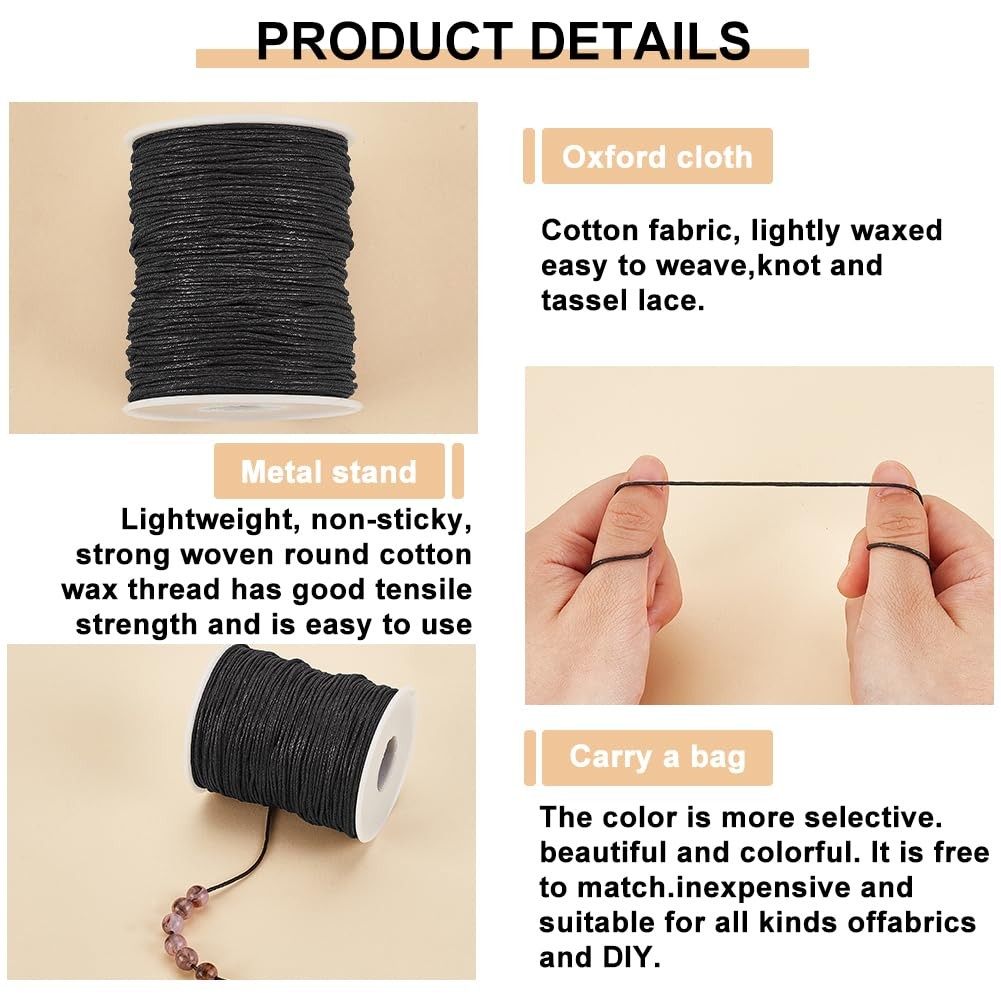 100 Yards 1mm Waxed Cotton Cord, Black Waxed String Beading Thread Roll Spool…