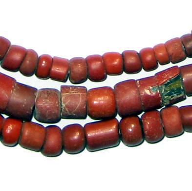 Antique Green Heart Beads Small 7mm West Africa African Red Cylinder Glass