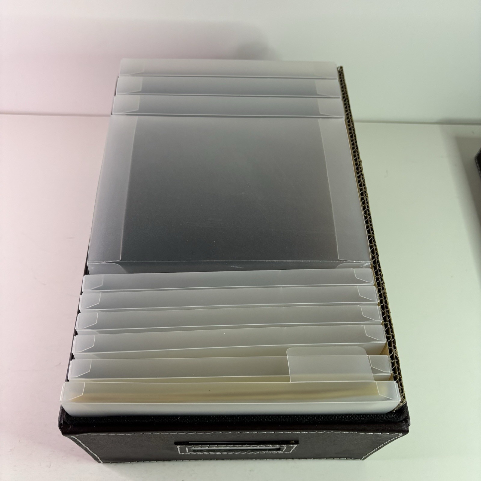 Photo Storage Organizer Box w/ Cases. Faux Brown Leather, Clear Cases with label