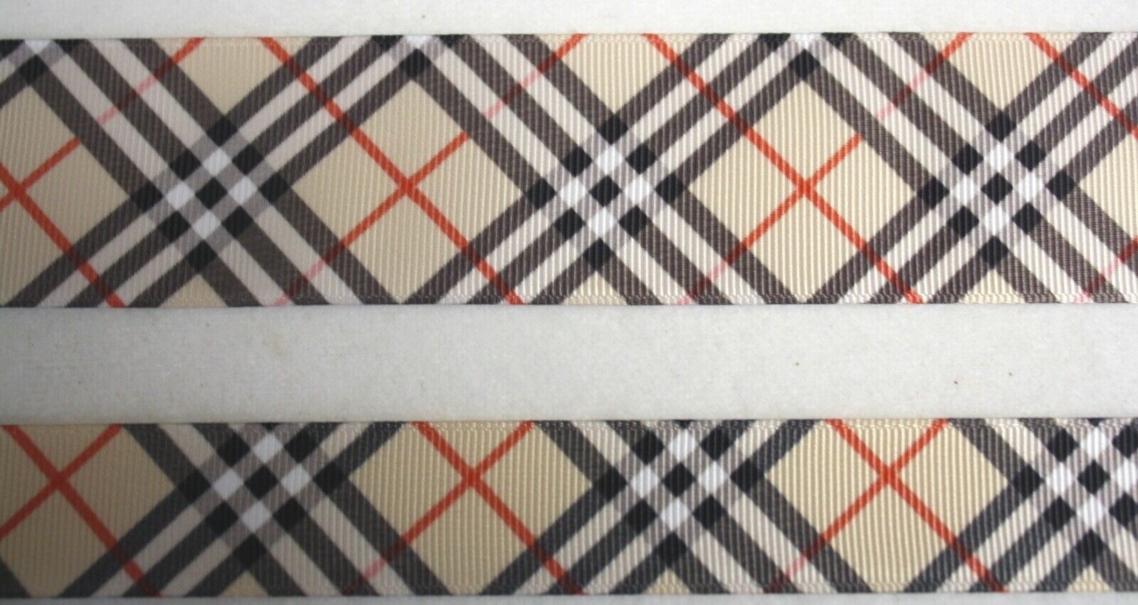 Grosgrain ribbon Preppy tan Red Black diagonal Plaid 5/8″ 7/8″ 1.5″ Style 1