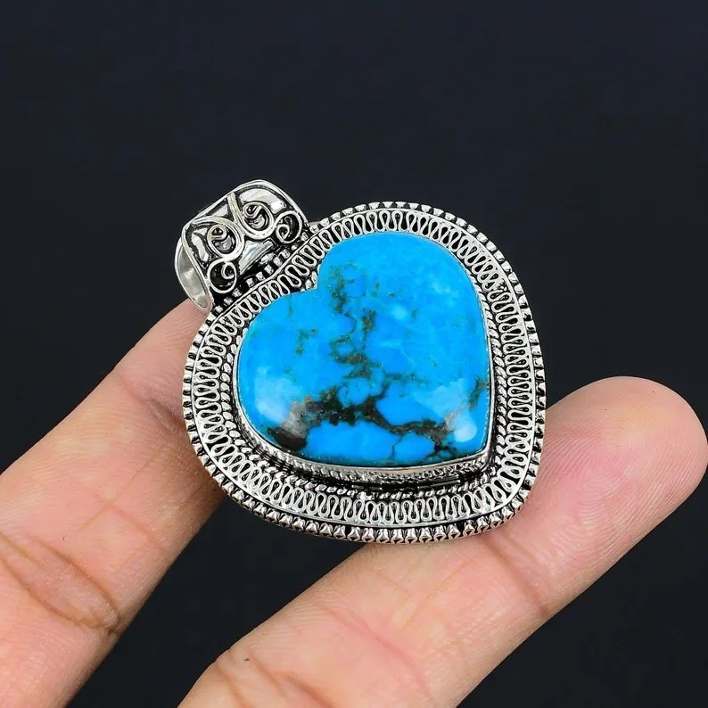 Turquoise Gemstone Heart Pendant 925 Sterling Silver Handmade Jewelry For Gift