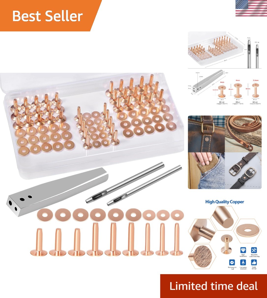 84 Pcs Copper Rivet Set with Heavy-Duty Burr Setter – Ideal for Leather Crafting