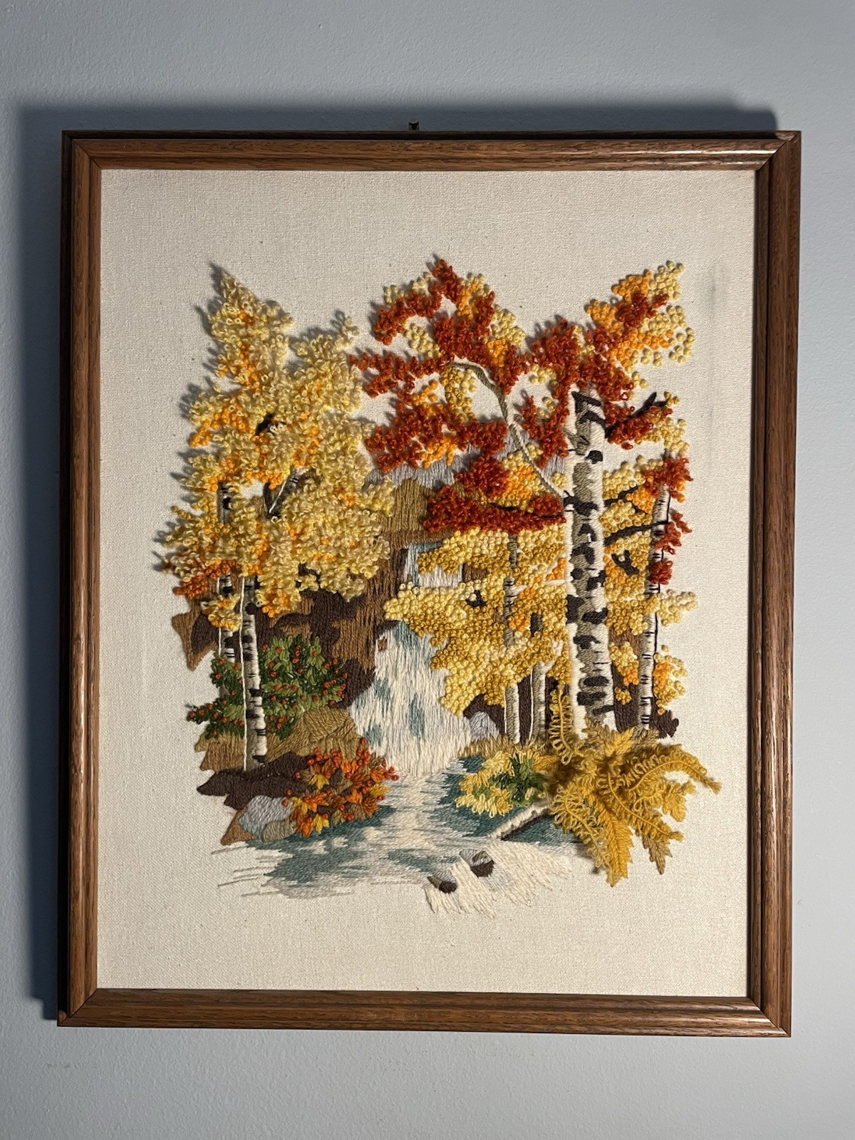 Vintage Finished Crewel Embroidery Autumn Waterfall Sunset Design 21.75”x 17.75”