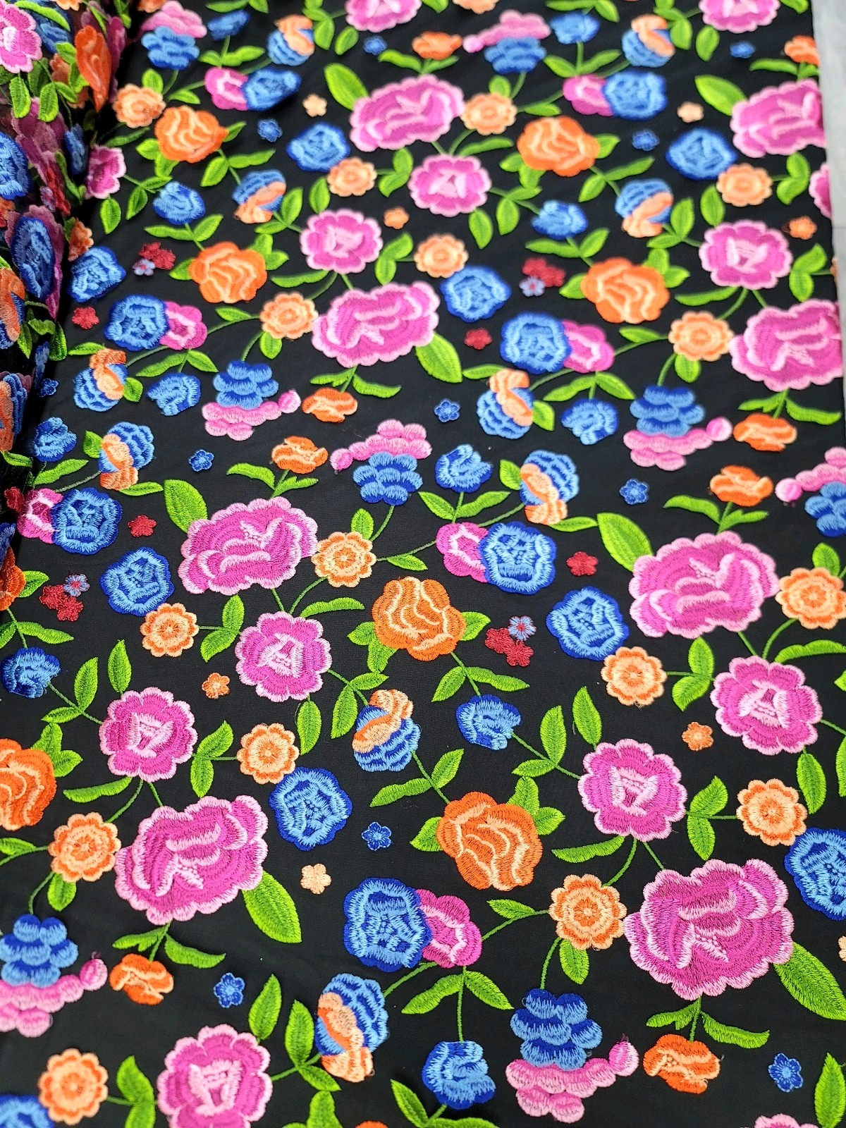 Lace Multicolor Embroidery Orange Fuchsia Floral Fabric By The Yard Black Mesh