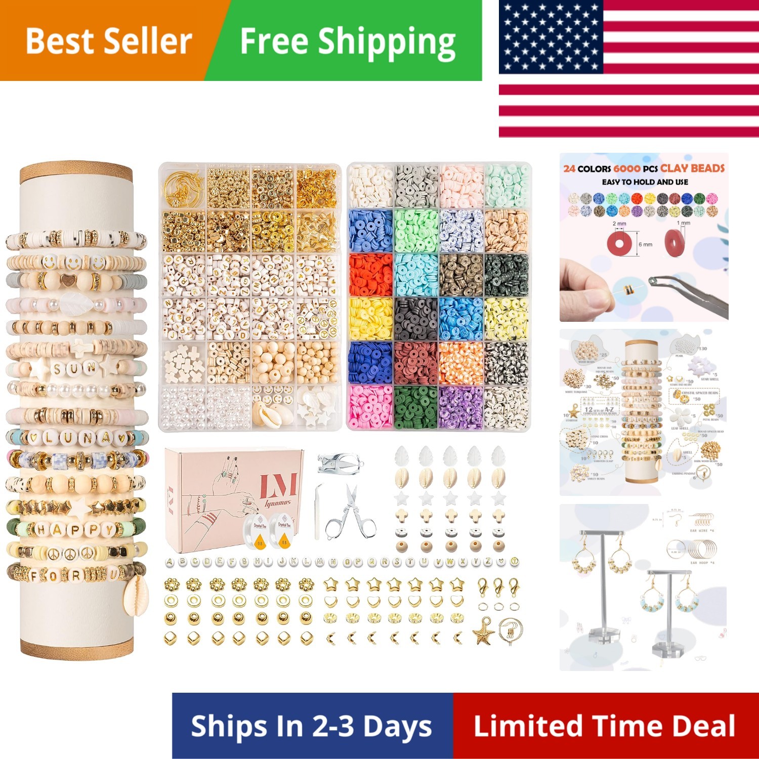 Clay Beads 8000 Pcs 2 Boxes Bracelet Making Kit – 24 Colors Polymer Clay Bead…