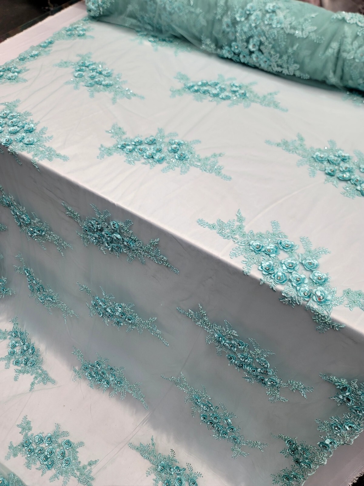 Mint 3D Floral Lace Fabric by the Yard Flowers on Mint Mesh for Dresses Prom