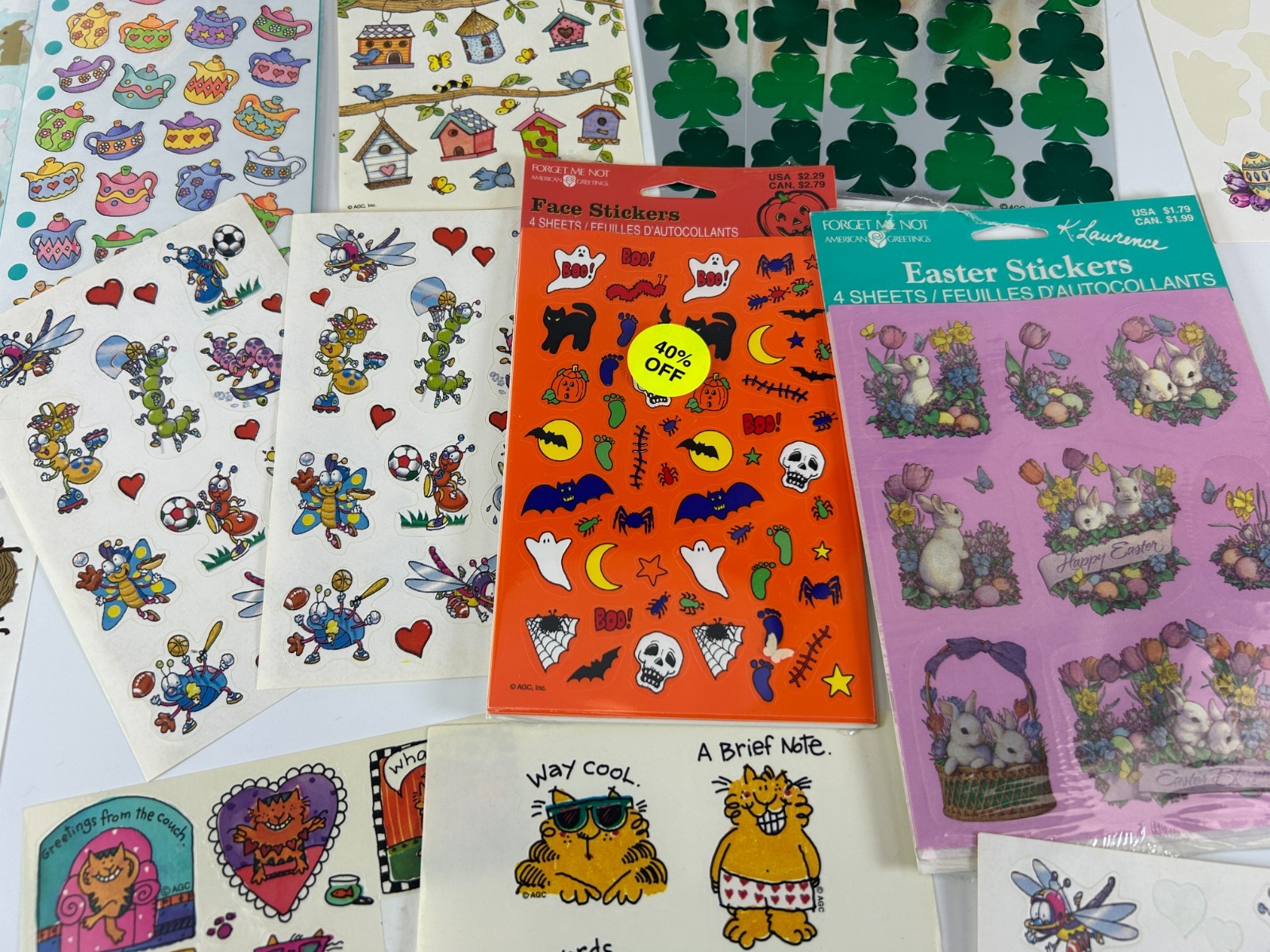 Lot 90s Stickers Sheets Holographic Teapots Cats Garden Easter New & Used