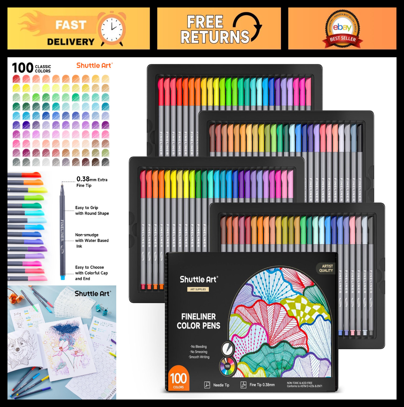 100 Colors Fineliner Pens Set – 0.38mm Fine Point Markers for Drawing & Coloring