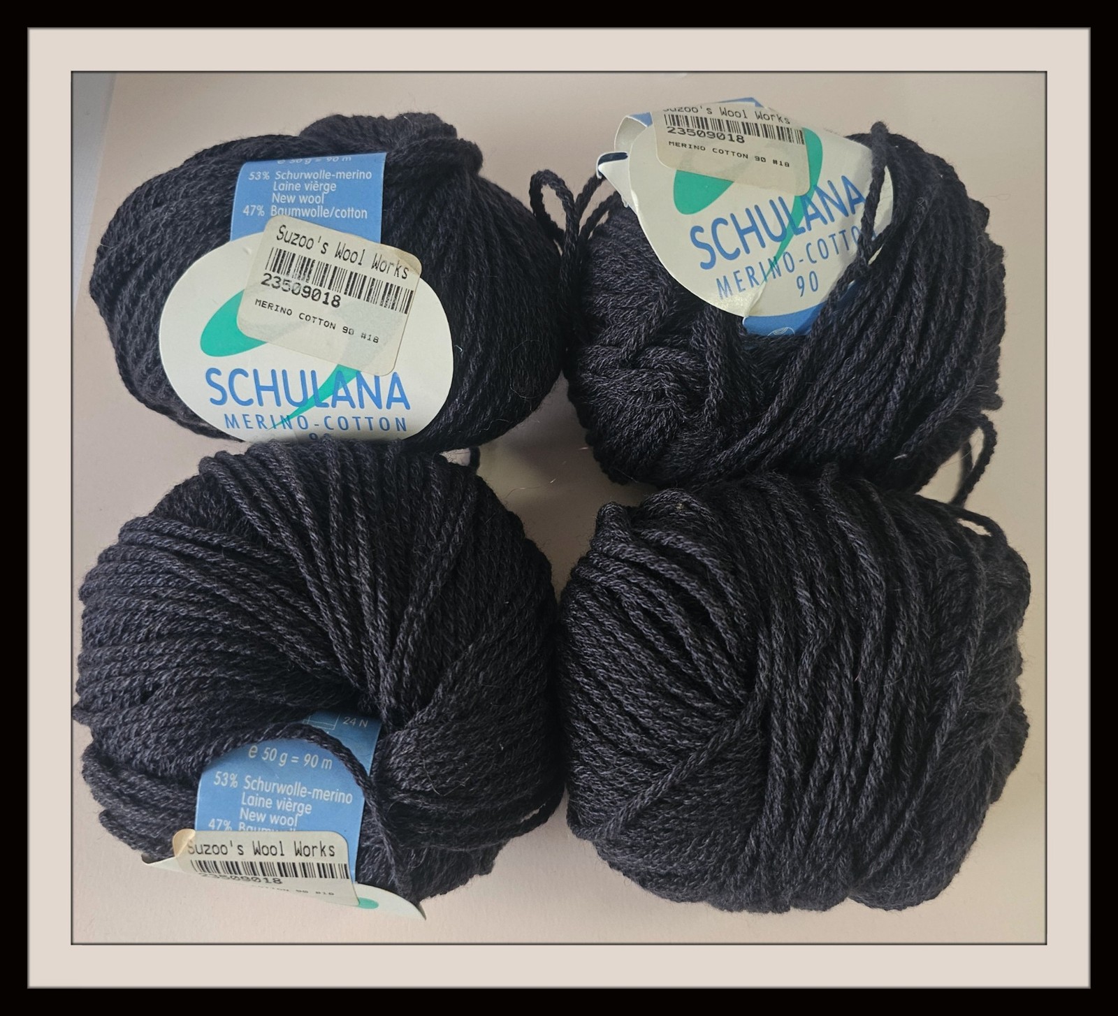 4 Skein Lot Schulana “Merino-Cotton 90” Merino Cotton Yarn Color 18 Black
