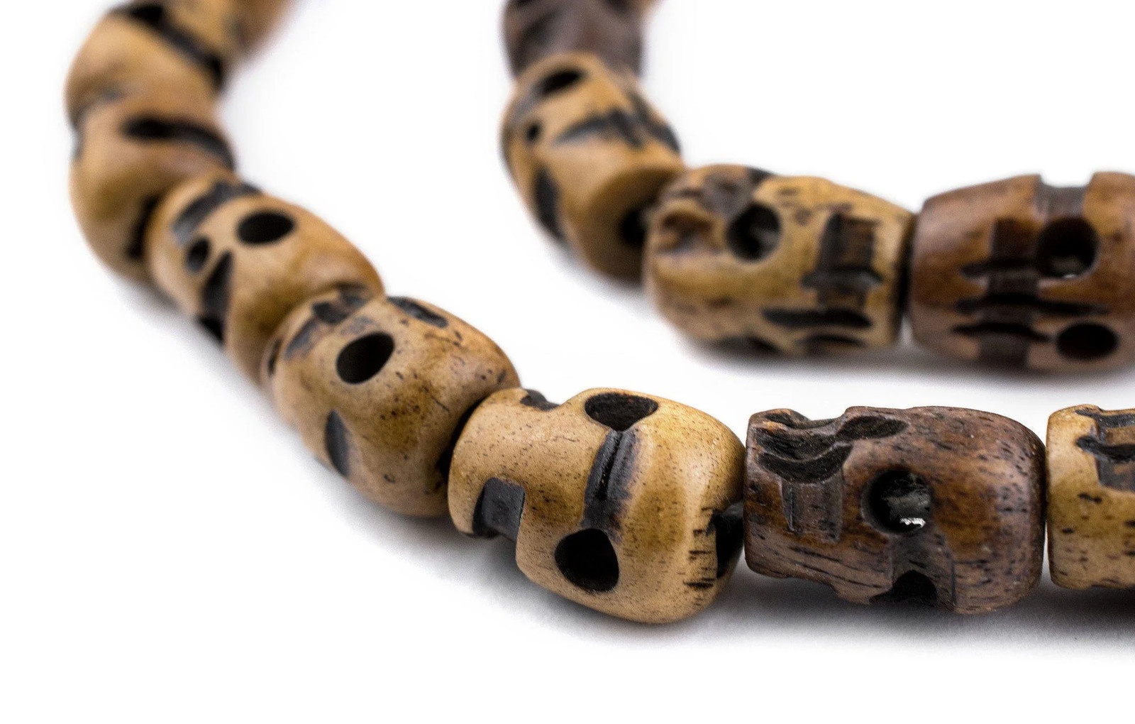 Brown Carved Bone Skull Mala Beads 12x8mmLong Strand Nepal Large Hole
