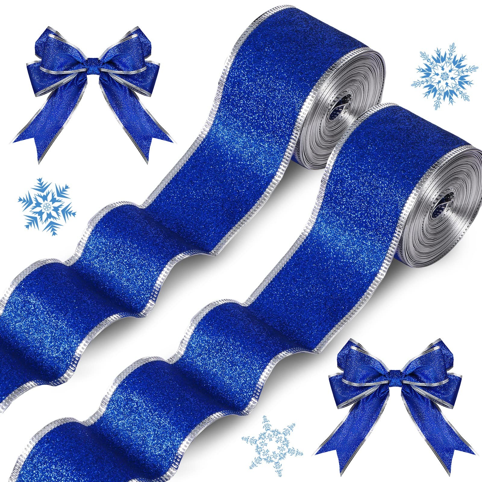 Christmas Blue Glitter Metallic Wired Ribbon Craft 2 Inch 20 Yds 2 Rolls