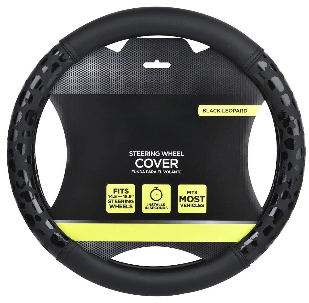 Black Leopard Faux Leather Steering Wheel Cover, Universal Fit for Sedans