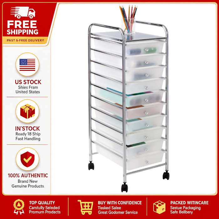 Hello Hobby 10-Drawer Multi-Color Rolling Craft Cart, Clear/Chrome