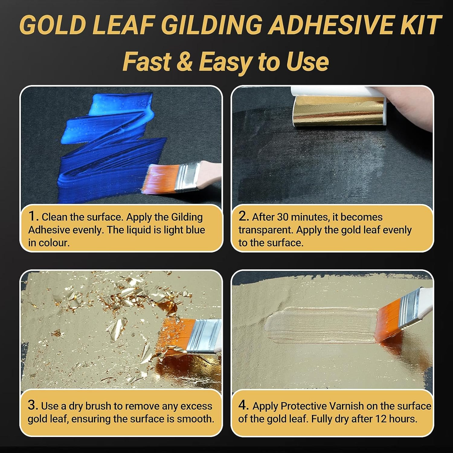 Gilding Adhesive Set, 3.53Oz/100Ml Water Based Adhesive and Varnish, Gold Leaf