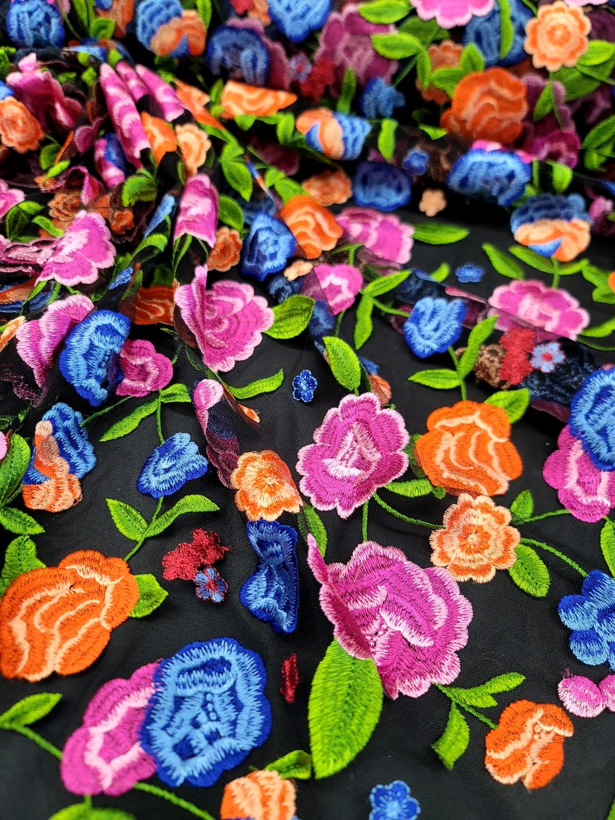 Lace Multicolor Embroidery Orange Fuchsia Floral Fabric By The Yard Black Mesh
