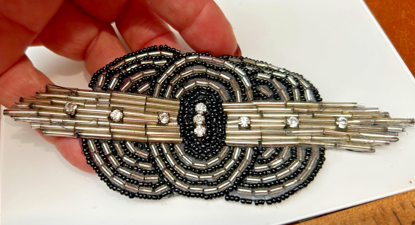 applique beaded glass hand sewn 1pc silver black
