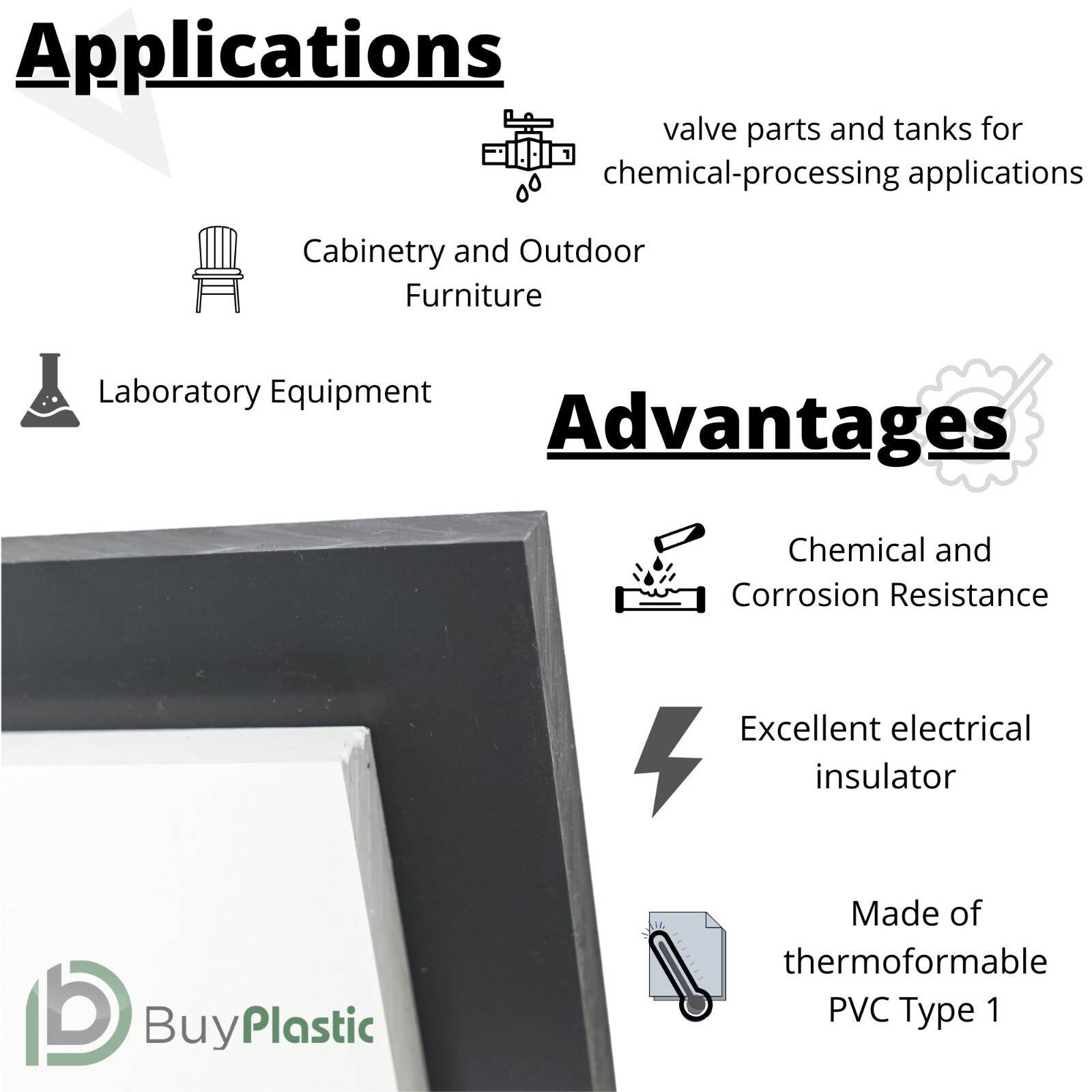 PVC Chemical Resistant Plastic Sheet, Various Sizes and Colors; 1/8″ to 1″ Thick