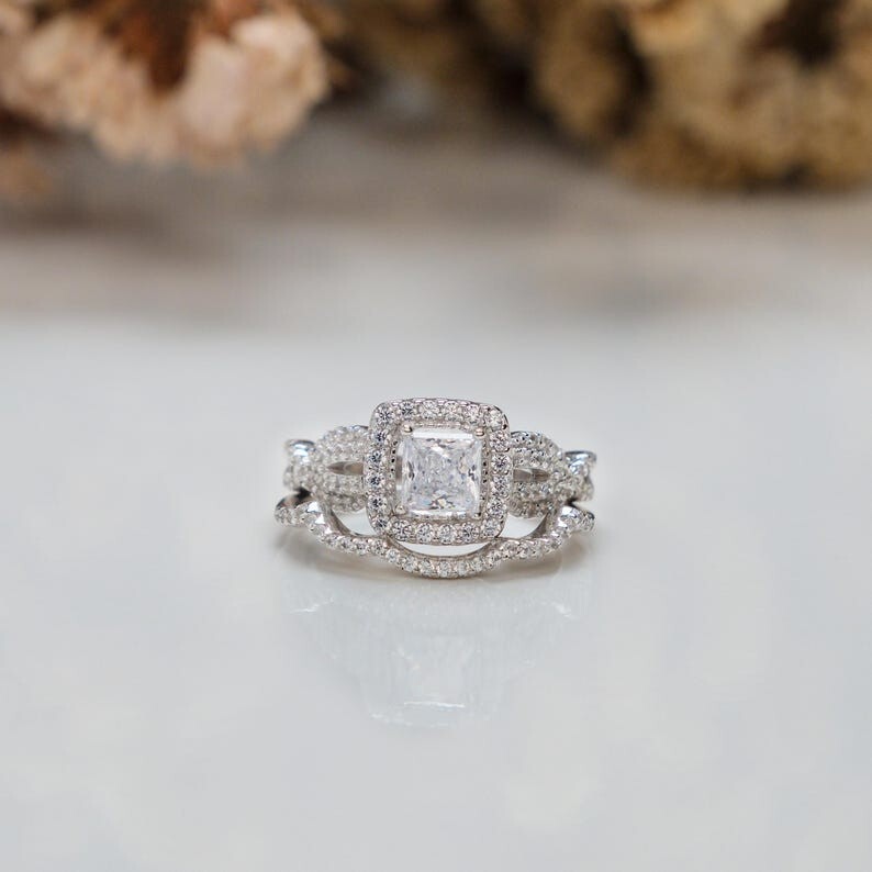 Cushion Cut Halo Engagement Ring Bridal Set Sterling Silver CZ Wedding Ring Set