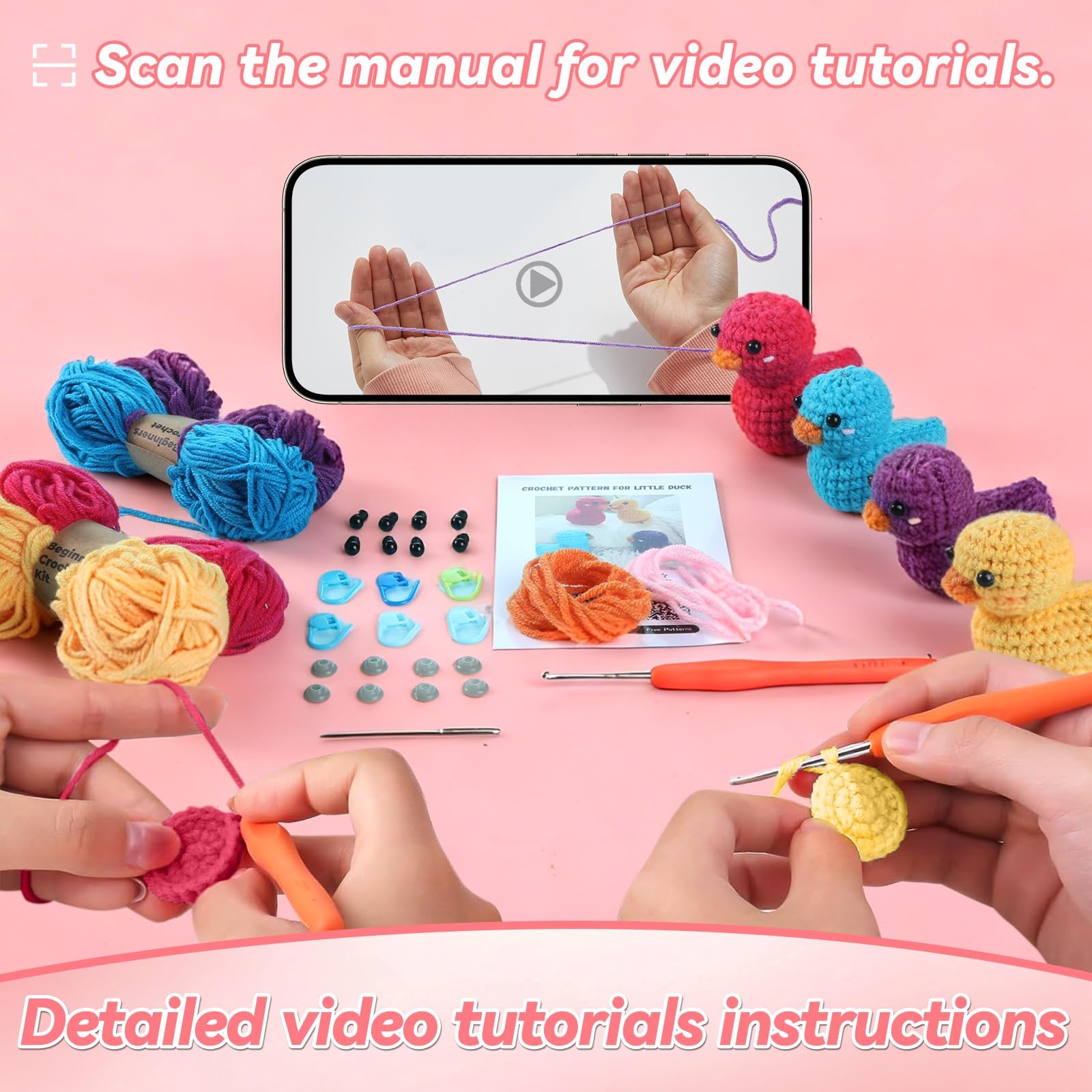 4 Pack Duck Crochet Kit for Beginners with Easy Yarn and Step-by-Step Video T…