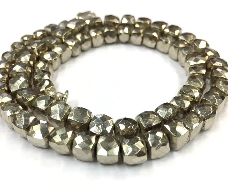 Natural Faceted Silver Pyrite Cube Beads 6-8mm 18″ Strand Gemstone Beads.