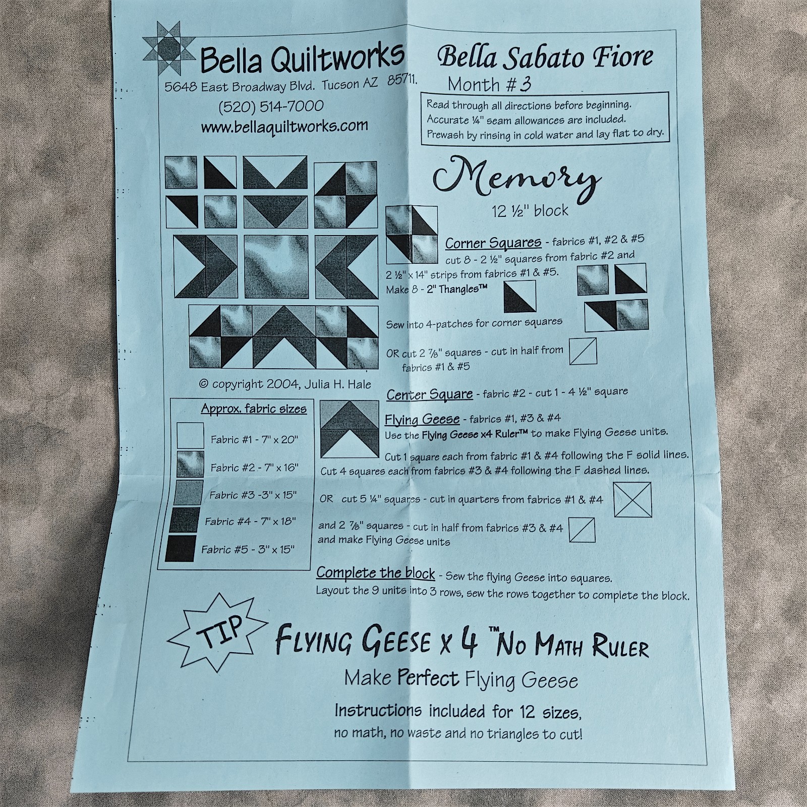Bella Sabato Fiore BOM Month 3 ‘Memory’ Quilt Block Kit 12.5″ Precut Fabric