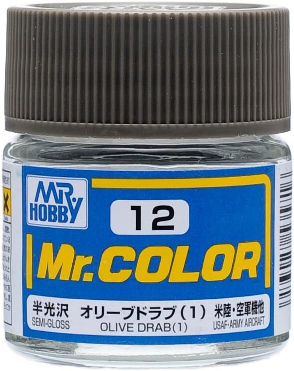 Mr. Hobby C12 Mr. Color Semi Gloss Olive Drab Lacquer Paint 10ml – US