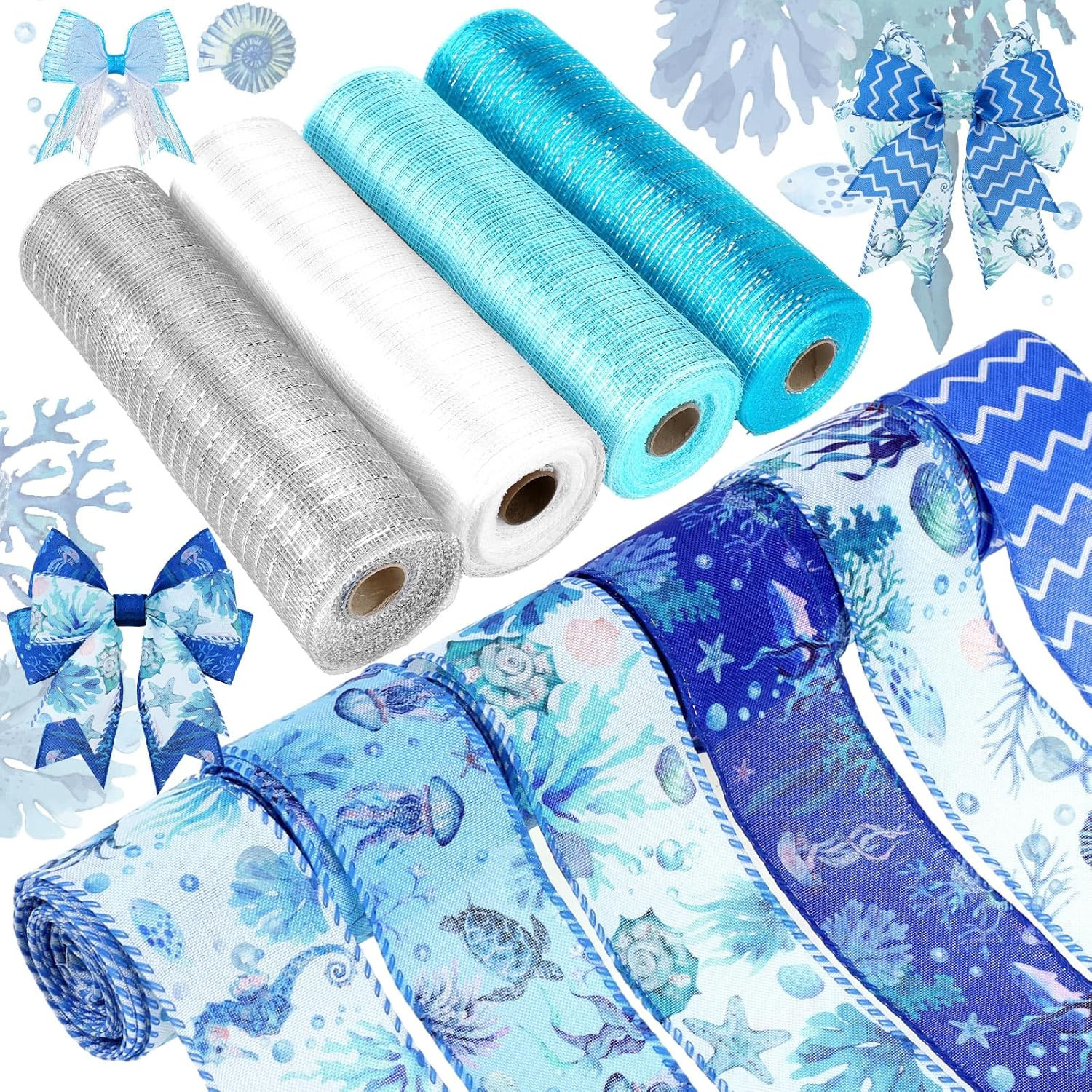 10 Rolls Summer Sea Animals Ribbons 6 Rolls 2.5″ X 5 Yards Ocean Wired Edge Fabr