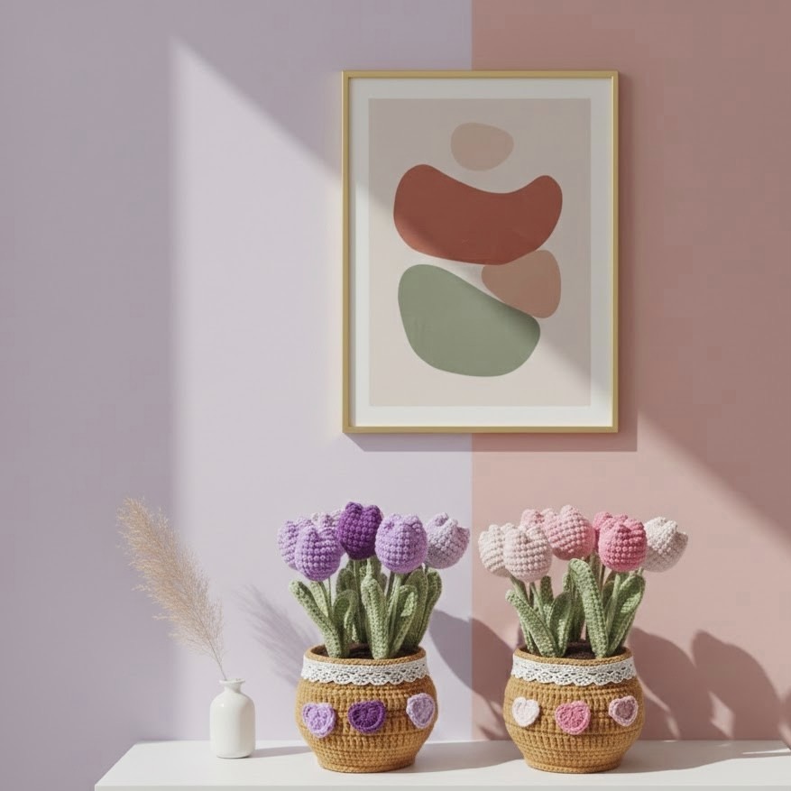 Handmade Crochet Tulip Pot Valentine’s Day Gift for Girlfriend,Friends, Teacher