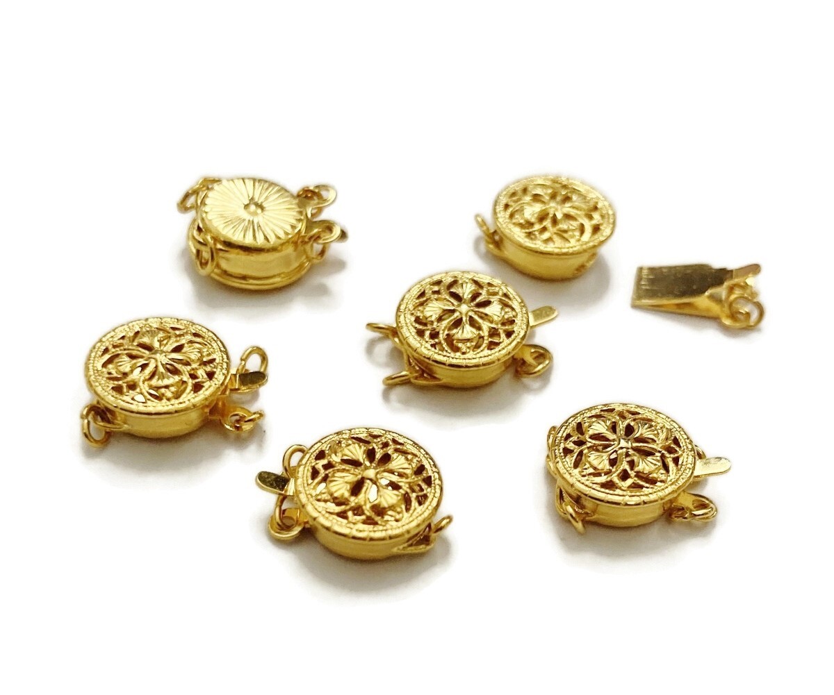 6 Vintage Gold Plated Floral Filigree Dual Strand Jump Ringed Round Clasps X521